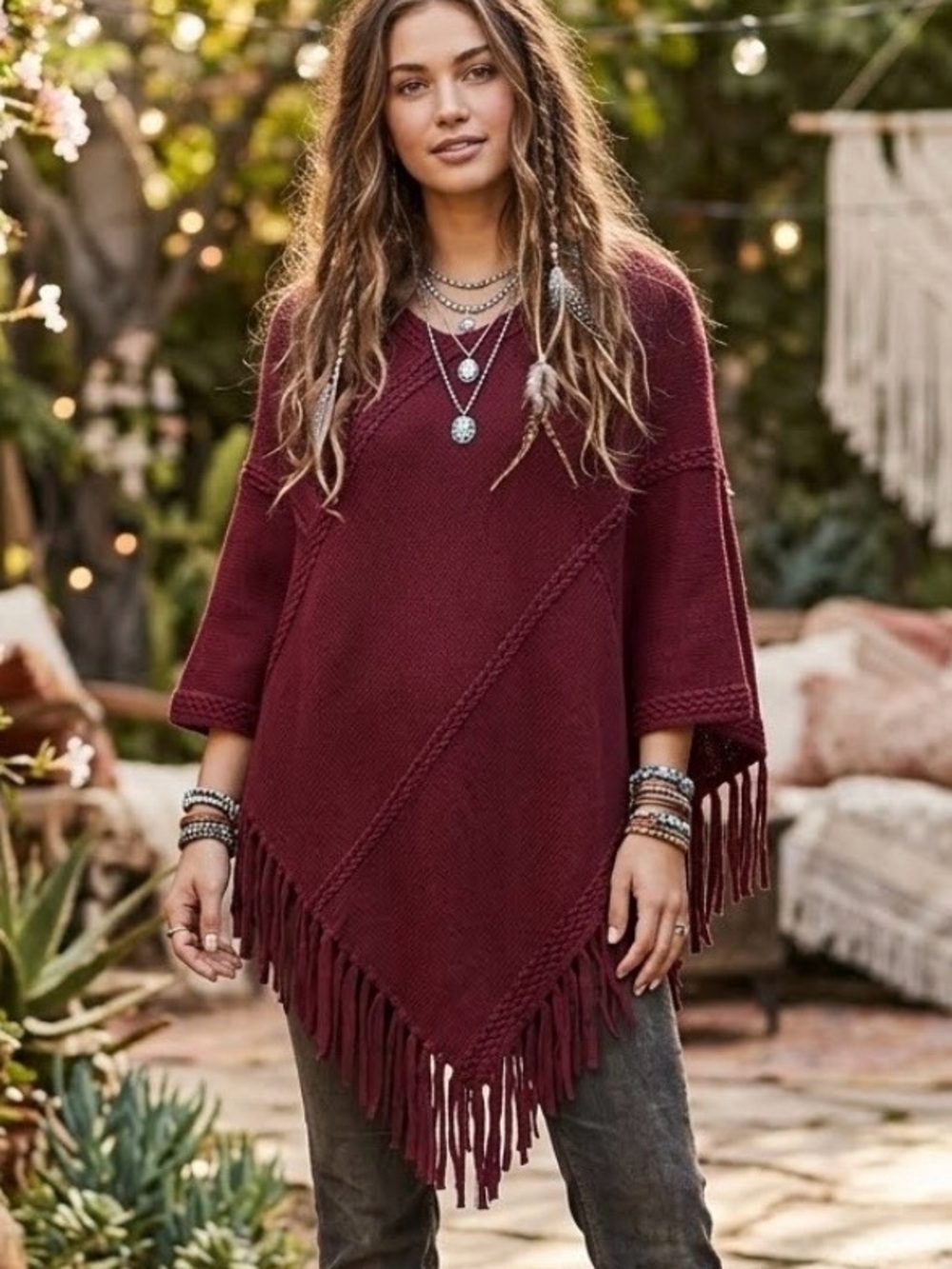 Boho Fringe Poncho Sweater in Burgundy